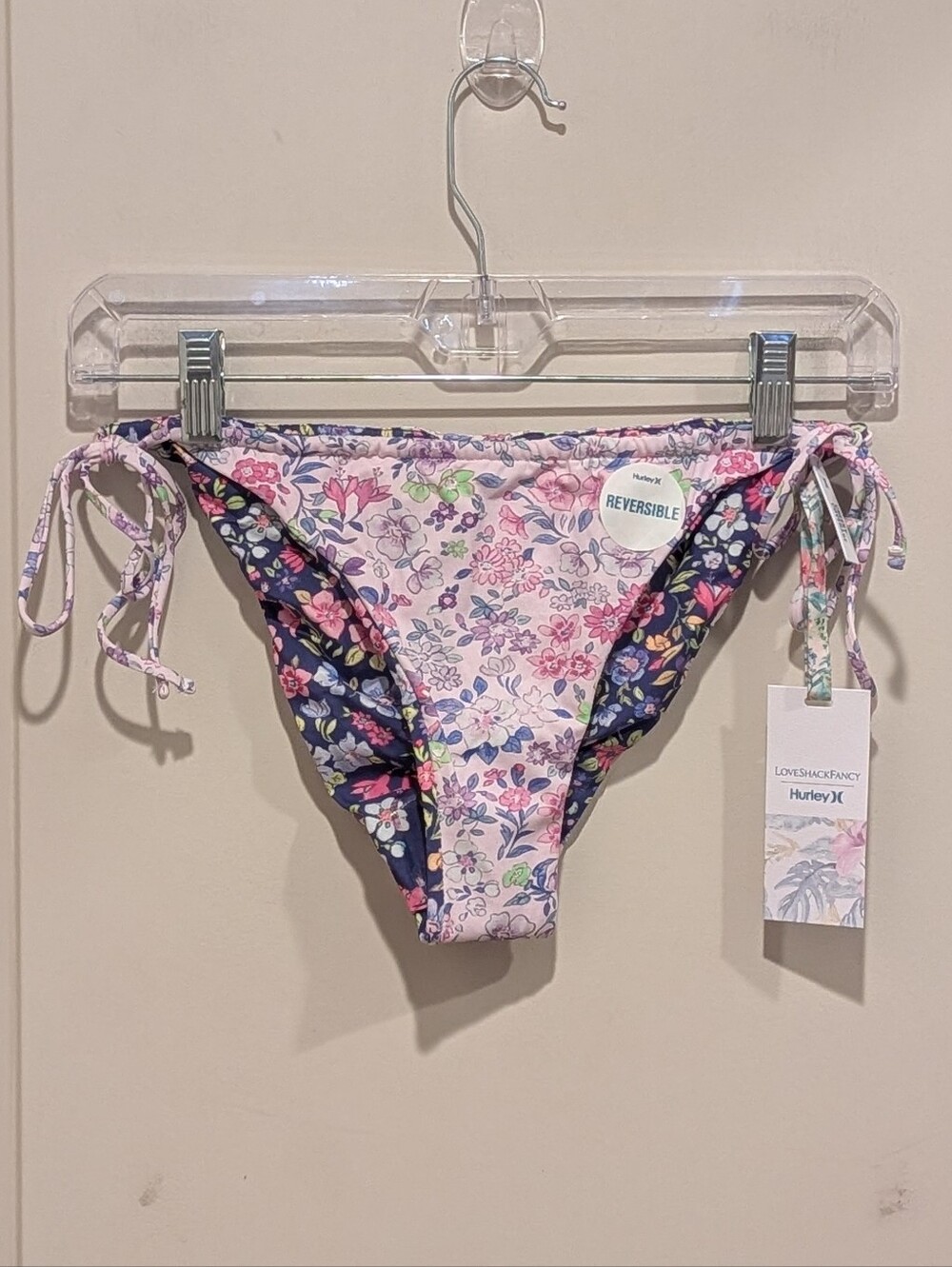 Hurley Reversible Floral Tie-Side Bikini Bottoms in Pink & Navy